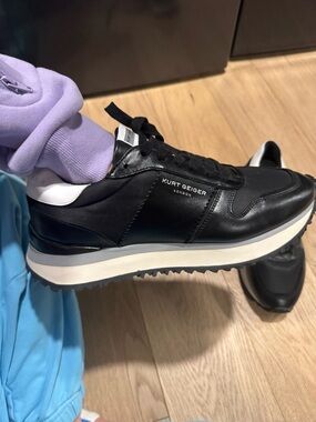 Kurt Geiger Black Leather Low-Top Sneakers with White Heel Accent